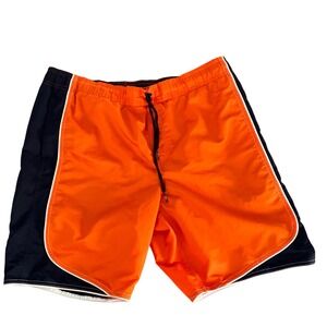 Nike Men's Swim Trunks Orange Navy Blue White Trim Athletic Size L Beach Summer